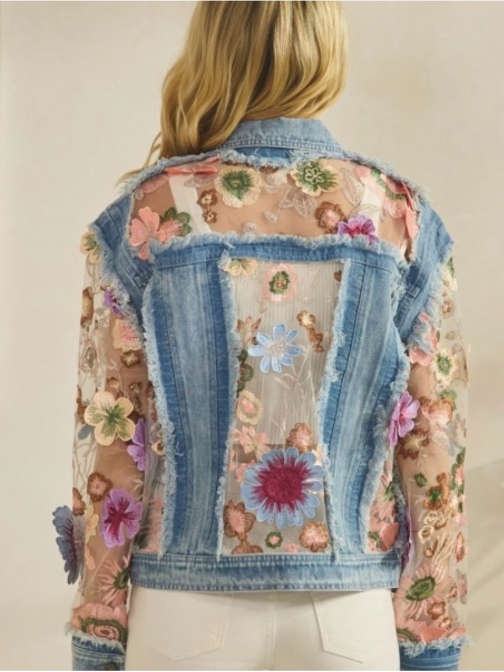DENIM JACKET WITH FLORAL ORGANZA INSET - Picture 2 of 2